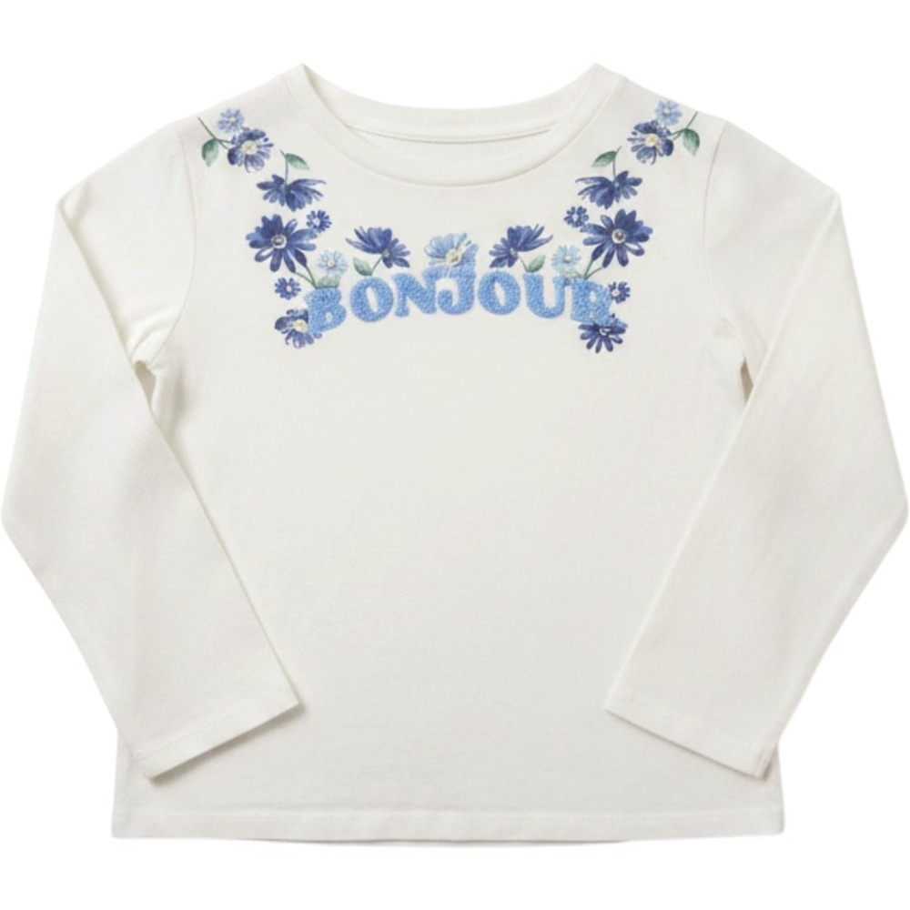 Janie and Jack Shirt Girls 7 White Blue 3D Fleece Bonjour Floral Long Sleeve Tee